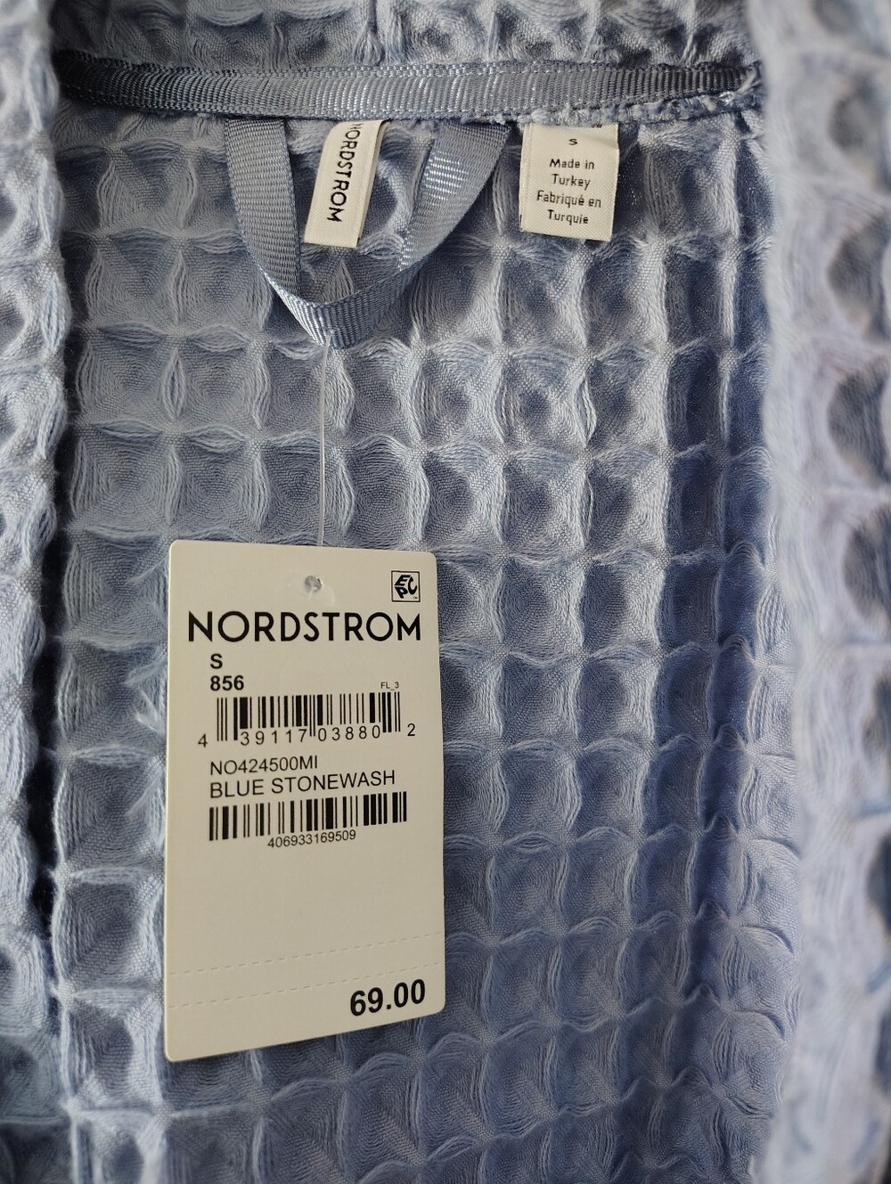 Nordstrom Everyday Waffle Cotton Short Robe Blue Stonewash S NWT - Picture 3 of 6